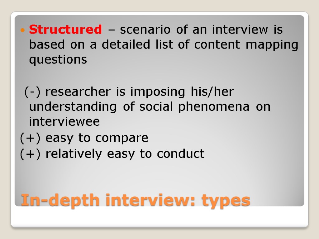 In-depth interview: types Structured – scenario of an interview is based on a detailed